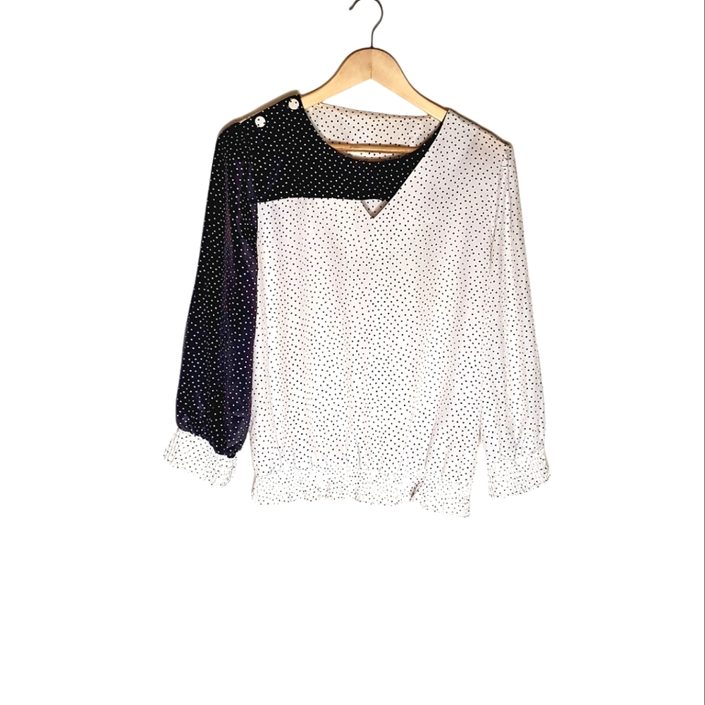 Black and White Vintage 80s Asymmetrical Polka Dot Long Sleeve Blouse